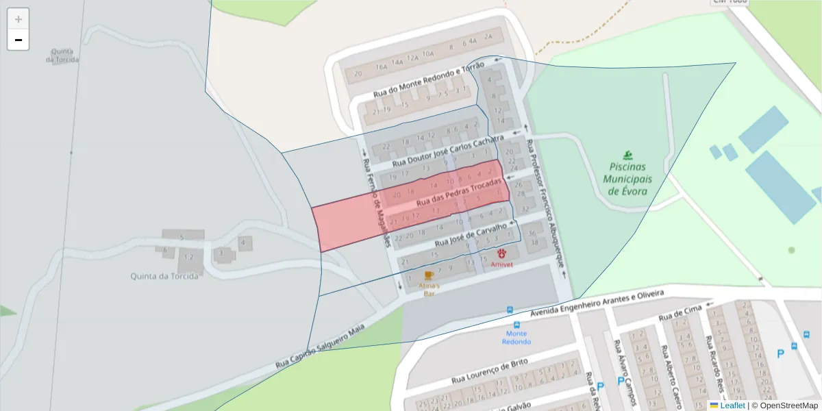 Mapa detalhado do código postal 7000-250 com limites, códigos postais vizinhos e agências dos correios