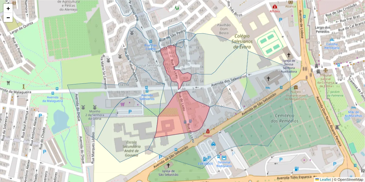 Mapa detalhado do código postal 7000-292 com limites, códigos postais vizinhos e agências dos correios