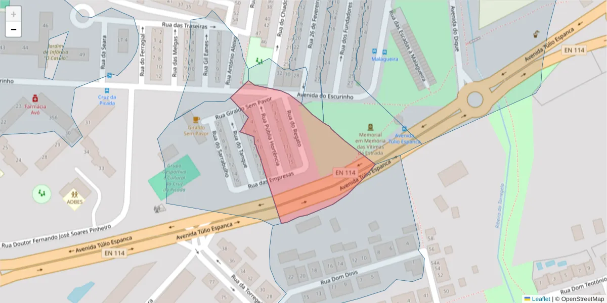 Mapa detalhado do código postal 7000-363 com limites, códigos postais vizinhos e agências dos correios