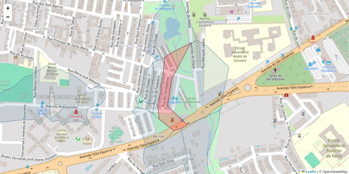 Mapa detalhado do código postal 7000-371 com limites, códigos postais vizinhos e agências dos correios