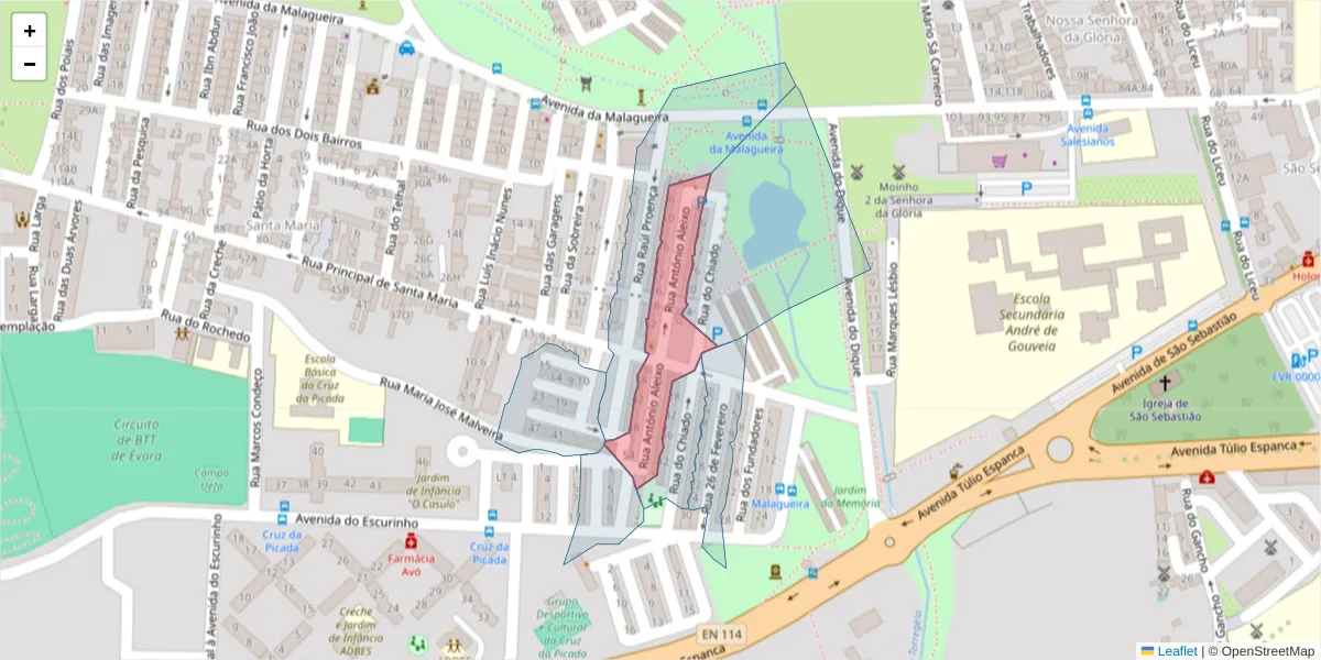 Mapa detalhado do código postal 7000-376 com limites, códigos postais vizinhos e agências dos correios