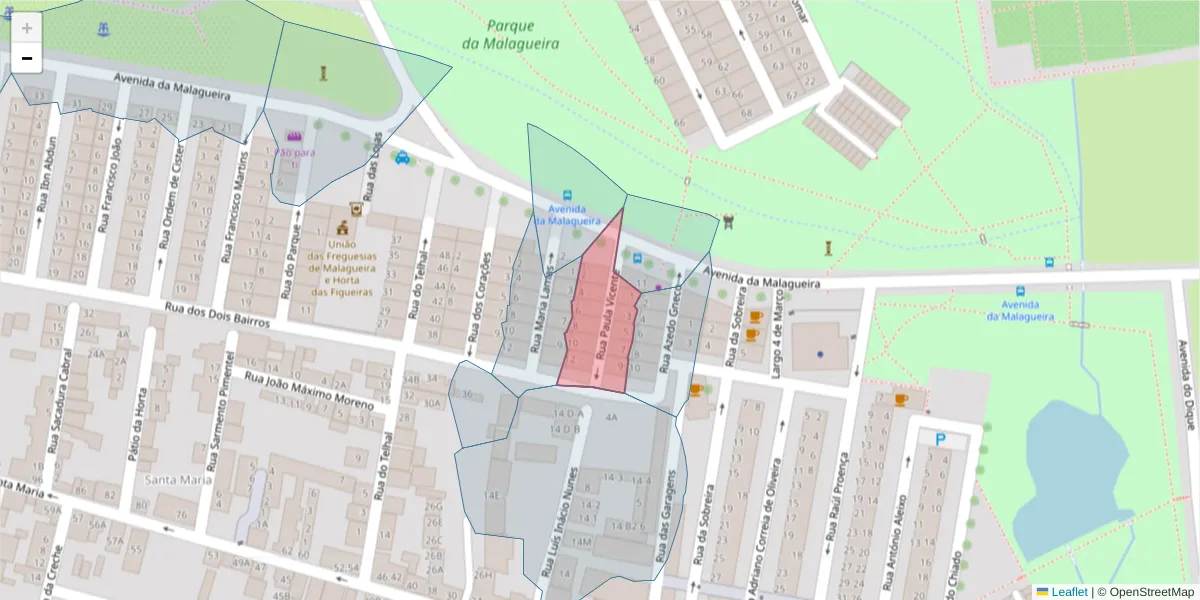 Mapa detalhado do código postal 7000-382 com limites, códigos postais vizinhos e agências dos correios
