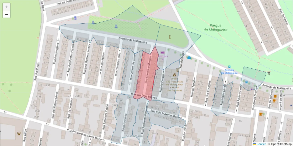 Mapa detalhado do código postal 7000-389 com limites, códigos postais vizinhos e agências dos correios