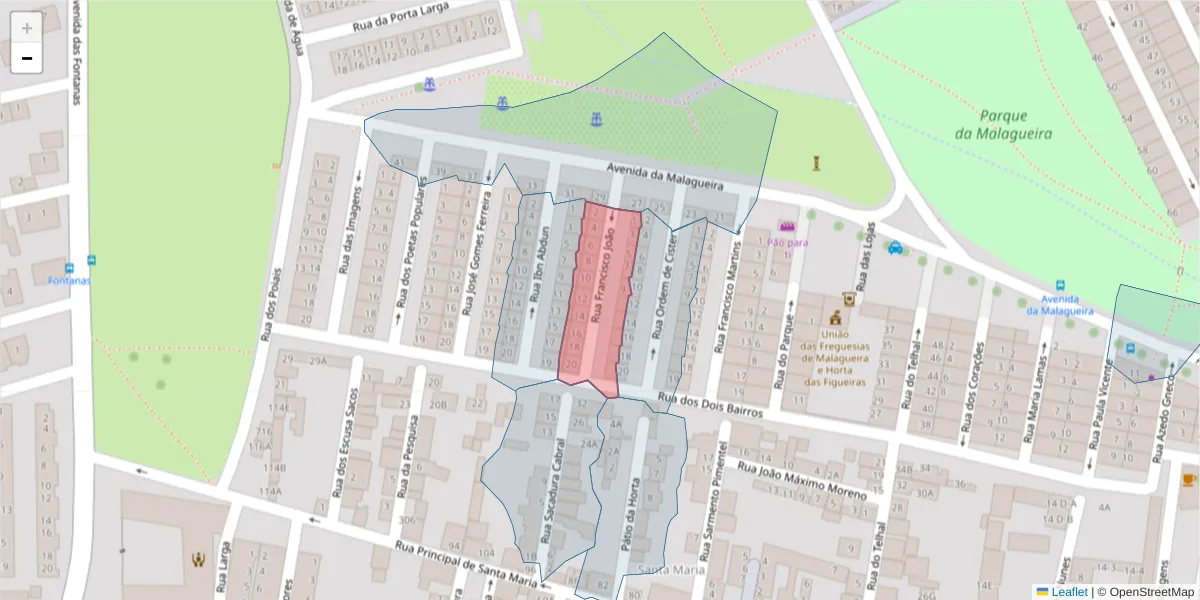 Mapa detalhado do código postal 7000-390 com limites, códigos postais vizinhos e agências dos correios