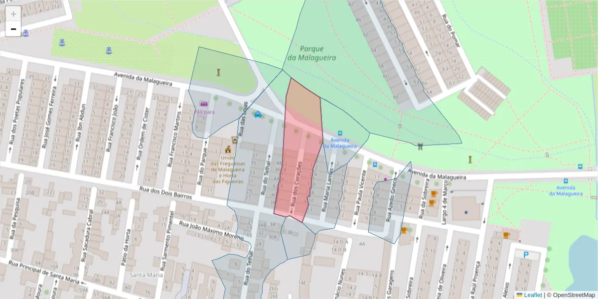 Mapa detalhado do código postal 7000-391 com limites, códigos postais vizinhos e agências dos correios