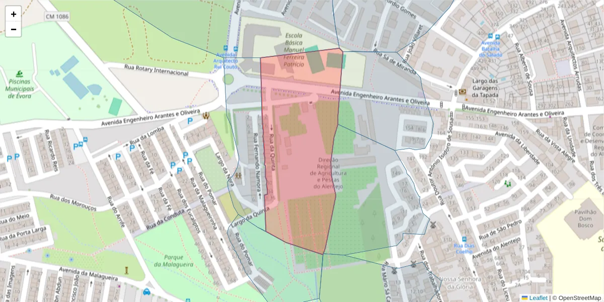 Mapa detalhado do código postal 7000-395 com limites, códigos postais vizinhos e agências dos correios