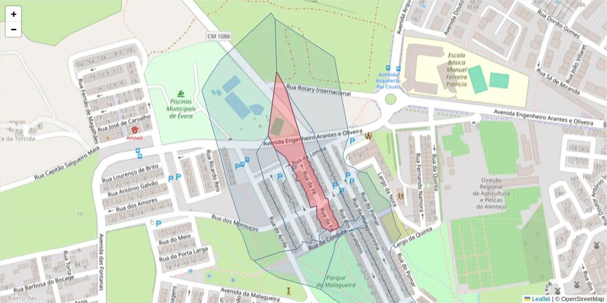 Mapa detalhado do código postal 7000-398 com limites, códigos postais vizinhos e agências dos correios
