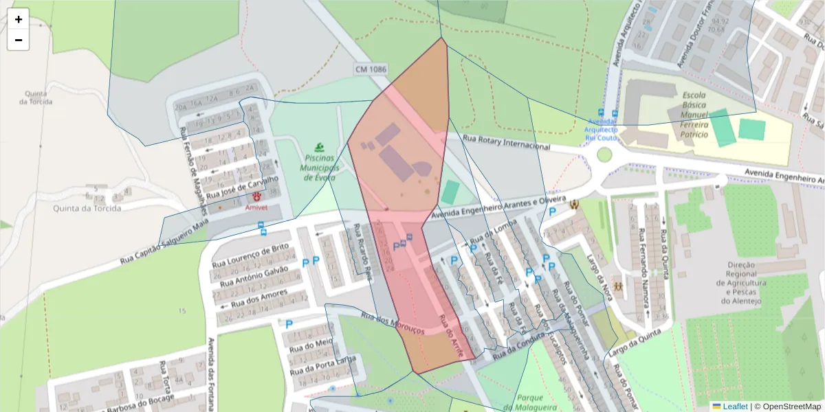Mapa detalhado do código postal 7000-405 com limites, códigos postais vizinhos e agências dos correios