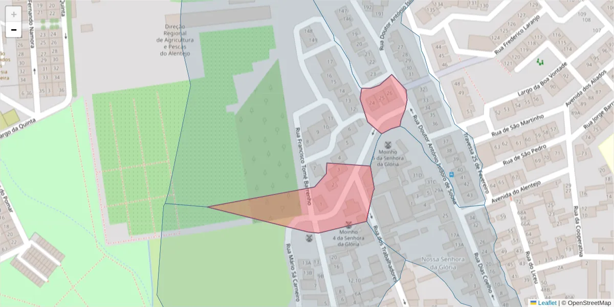 Mapa detalhado do código postal 7000-452 com limites, códigos postais vizinhos e agências dos correios