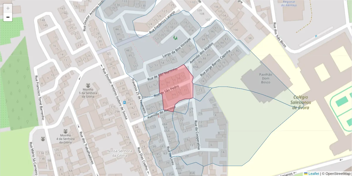 Mapa detalhado do código postal 7000-453 com limites, códigos postais vizinhos e agências dos correios