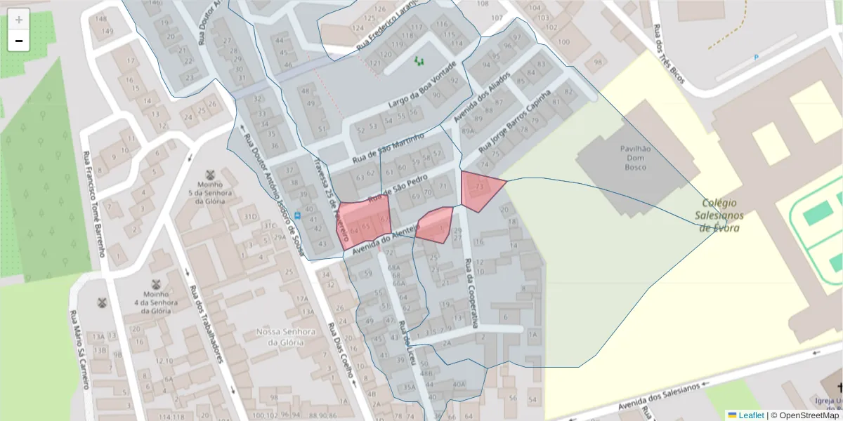 Mapa detalhado do código postal 7000-458 com limites, códigos postais vizinhos e agências dos correios