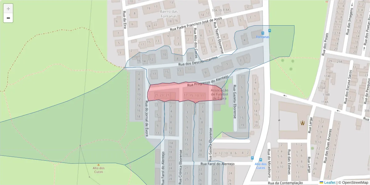 Mapa detalhado do código postal 7000-460 com limites, códigos postais vizinhos e agências dos correios