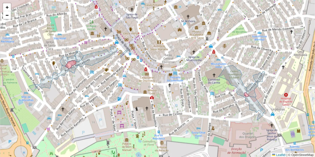 Mapa detalhado do código postal 7000-505 com limites, códigos postais vizinhos e agências dos correios