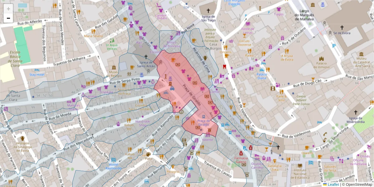 Mapa detalhado do código postal 7000-508 com limites, códigos postais vizinhos e agências dos correios
