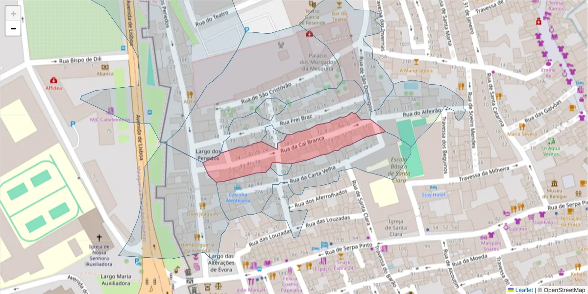 Mapa detalhado do código postal 7000-511 com limites, códigos postais vizinhos e agências dos correios