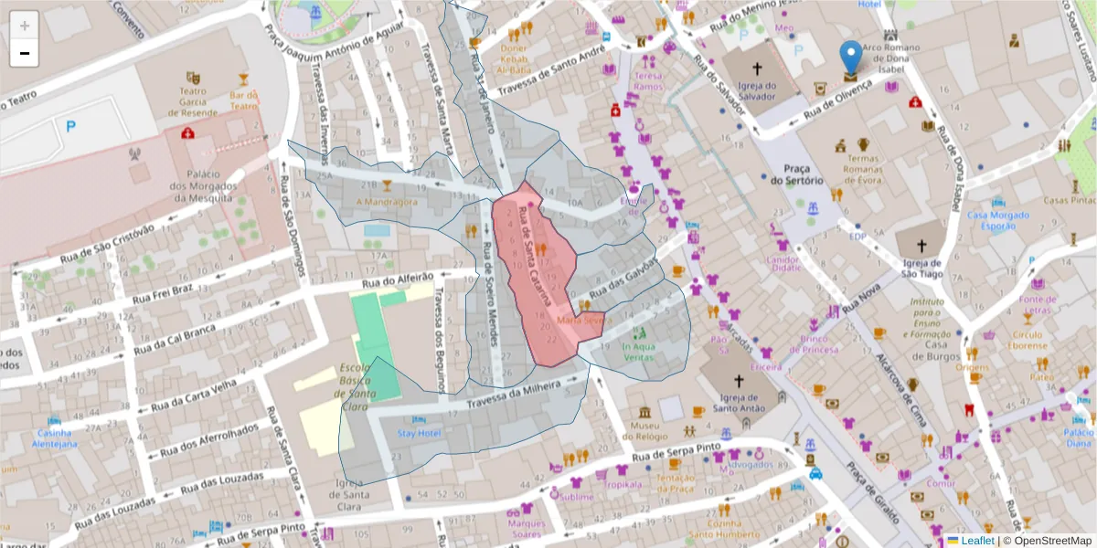 Mapa detalhado do código postal 7000-516 com limites, códigos postais vizinhos e agências dos correios