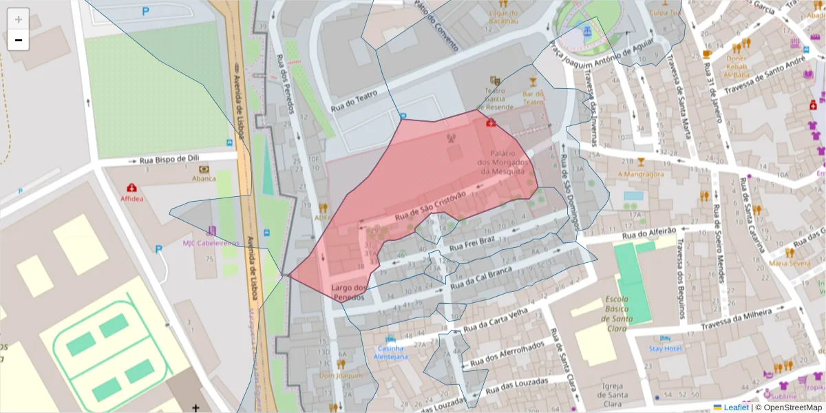 Mapa detalhado do código postal 7000-518 com limites, códigos postais vizinhos e agências dos correios