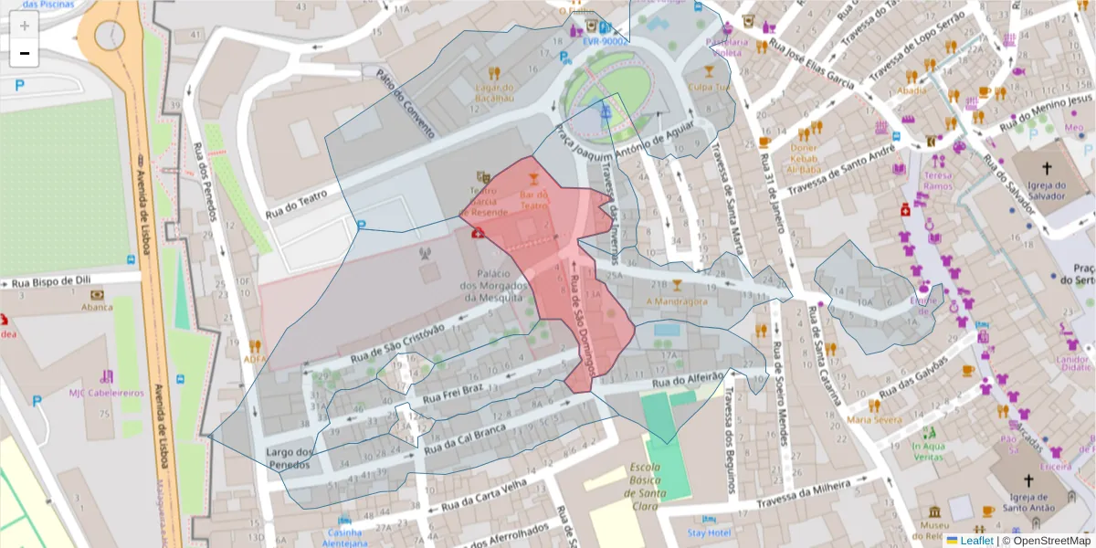 Mapa detalhado do código postal 7000-519 com limites, códigos postais vizinhos e agências dos correios