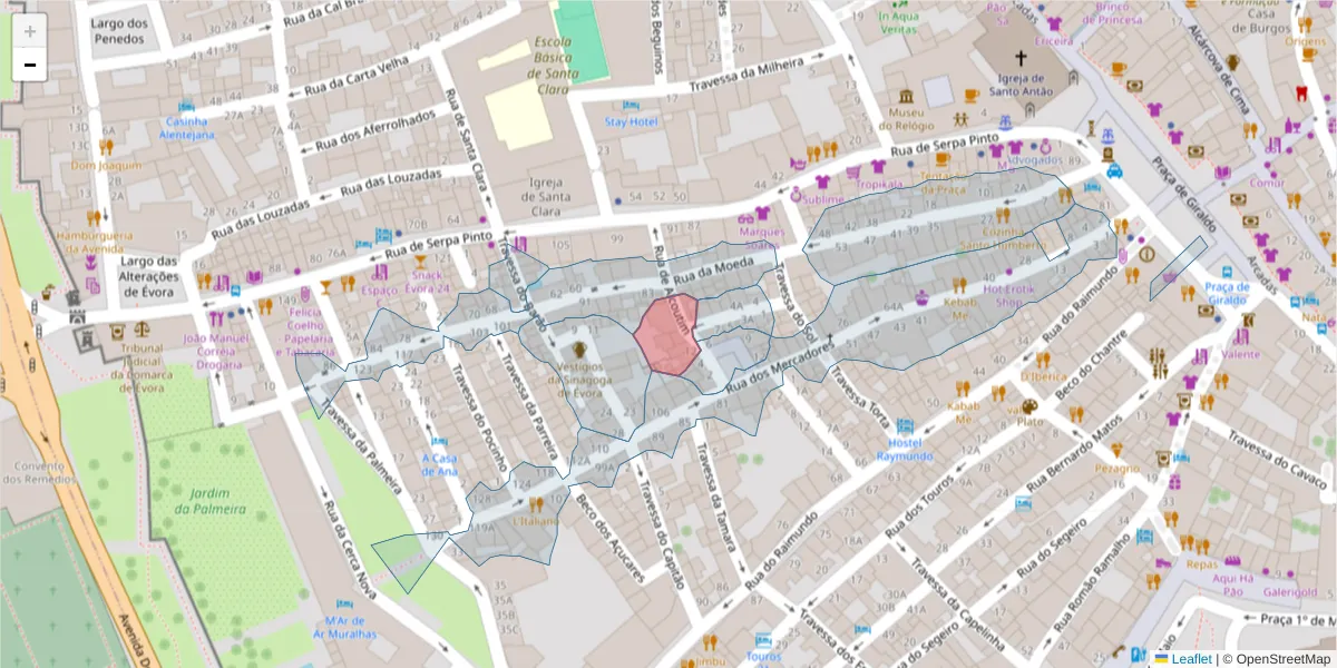 Mapa detalhado do código postal 7000-521 com limites, códigos postais vizinhos e agências dos correios