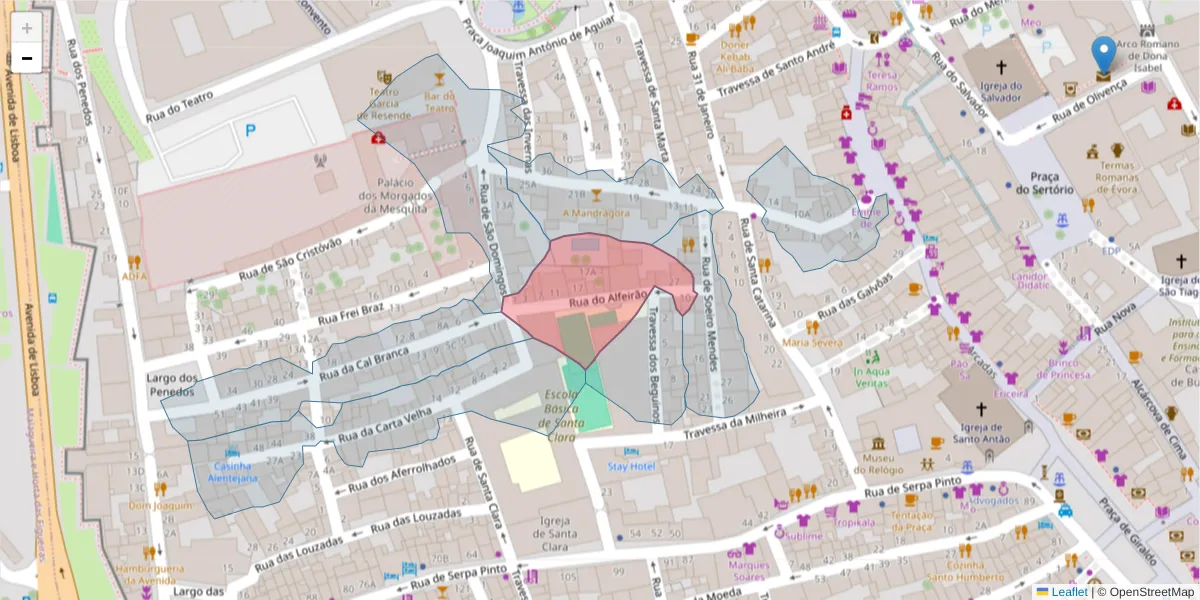 Mapa detalhado do código postal 7000-522 com limites, códigos postais vizinhos e agências dos correios