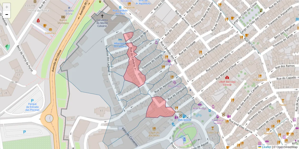 Mapa detalhado do código postal 7000-523 com limites, códigos postais vizinhos e agências dos correios