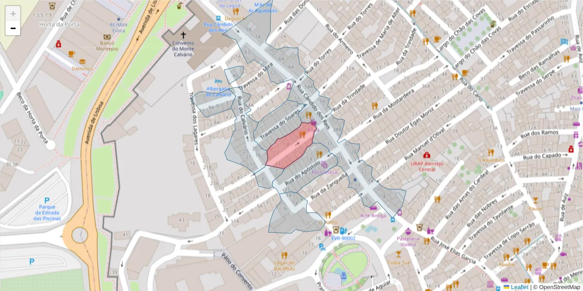 Mapa detalhado do código postal 7000-524 com limites, códigos postais vizinhos e agências dos correios