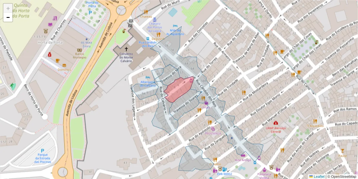 Mapa detalhado do código postal 7000-526 com limites, códigos postais vizinhos e agências dos correios