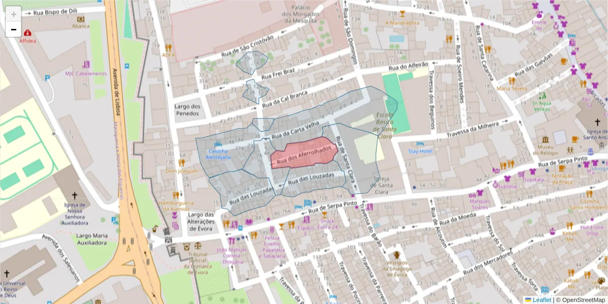 Mapa detalhado do código postal 7000-527 com limites, códigos postais vizinhos e agências dos correios