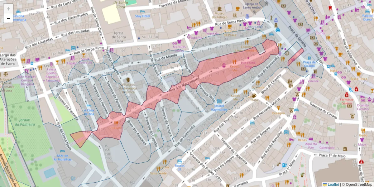 Mapa detalhado do código postal 7000-530 com limites, códigos postais vizinhos e agências dos correios
