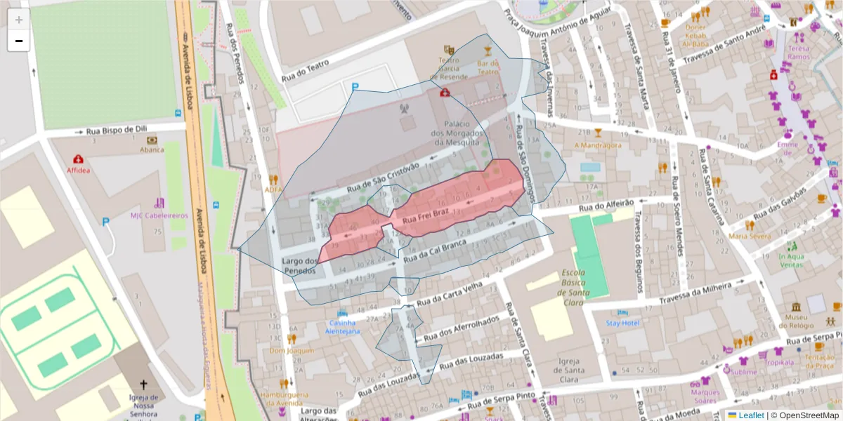 Mapa detalhado do código postal 7000-532 com limites, códigos postais vizinhos e agências dos correios