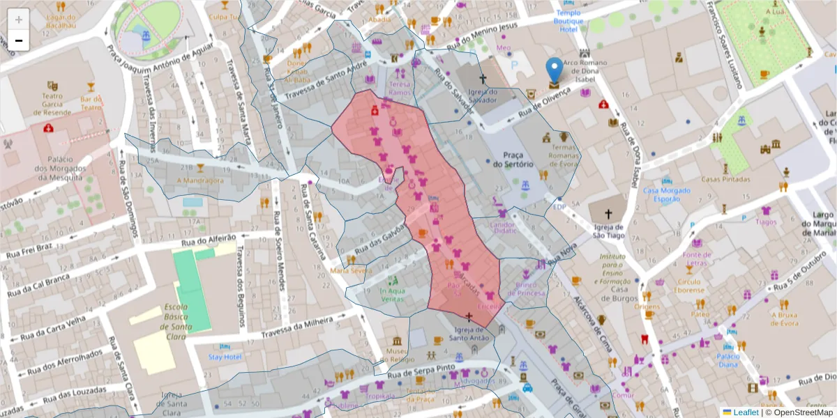 Mapa detalhado do código postal 7000-534 com limites, códigos postais vizinhos e agências dos correios
