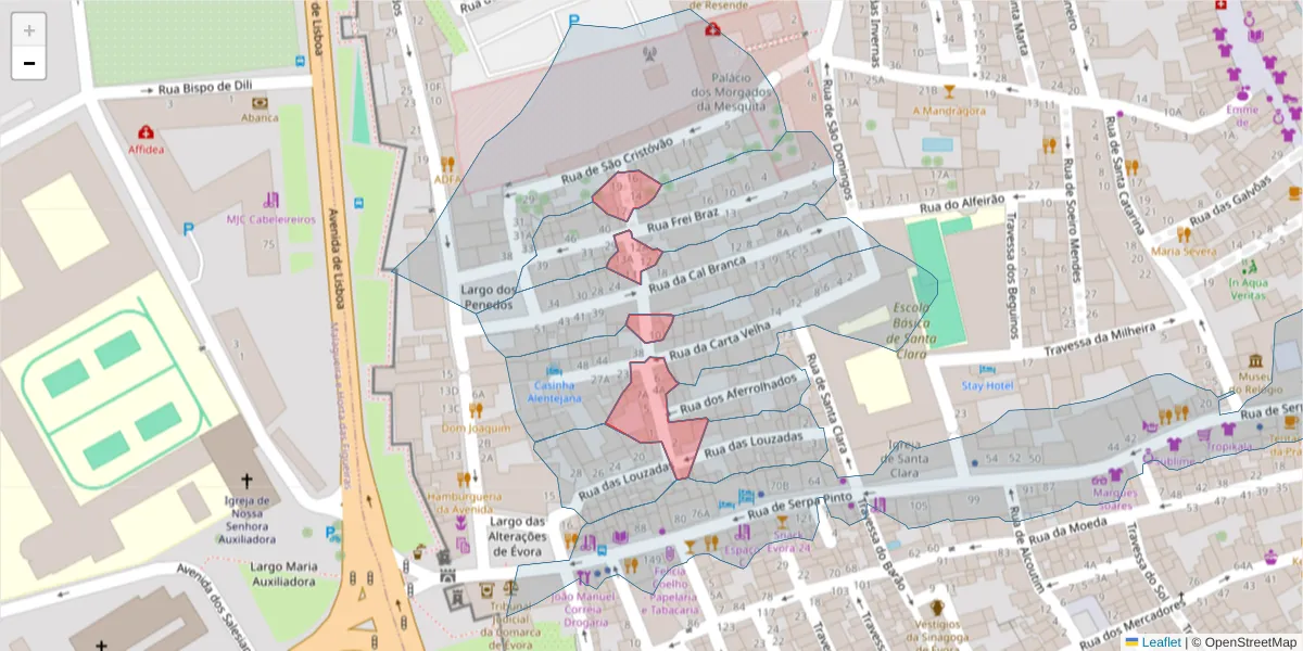 Mapa detalhado do código postal 7000-535 com limites, códigos postais vizinhos e agências dos correios
