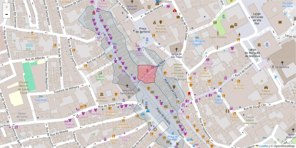 Mapa detalhado do código postal 7000-536 com limites, códigos postais vizinhos e agências dos correios