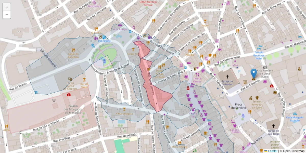 Mapa detalhado do código postal 7000-539 com limites, códigos postais vizinhos e agências dos correios