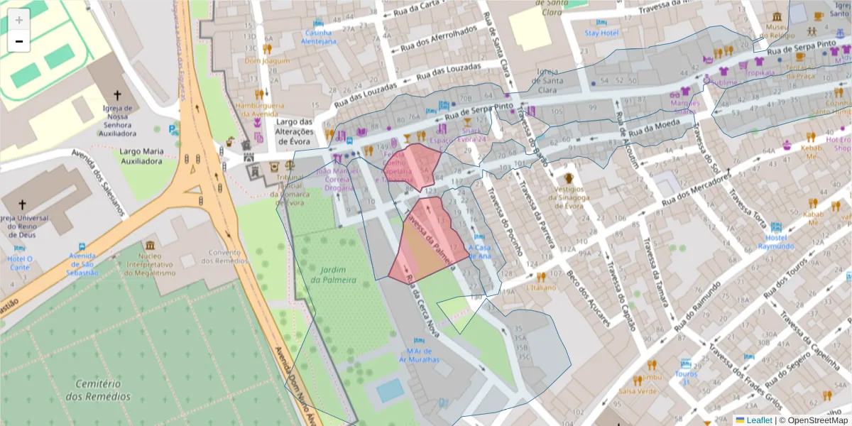 Mapa detalhado do código postal 7000-542 com limites, códigos postais vizinhos e agências dos correios