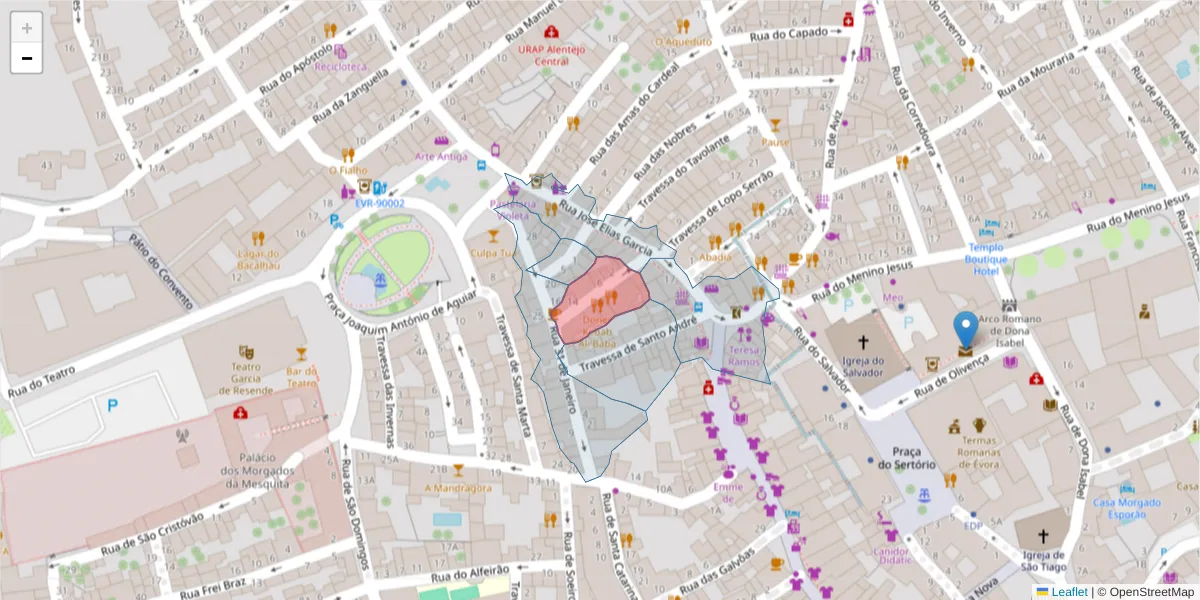 Mapa detalhado do código postal 7000-543 com limites, códigos postais vizinhos e agências dos correios