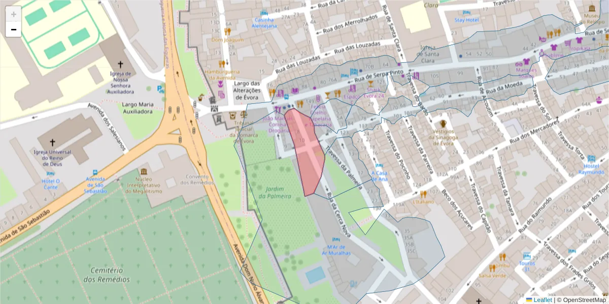 Mapa detalhado do código postal 7000-554 com limites, códigos postais vizinhos e agências dos correios