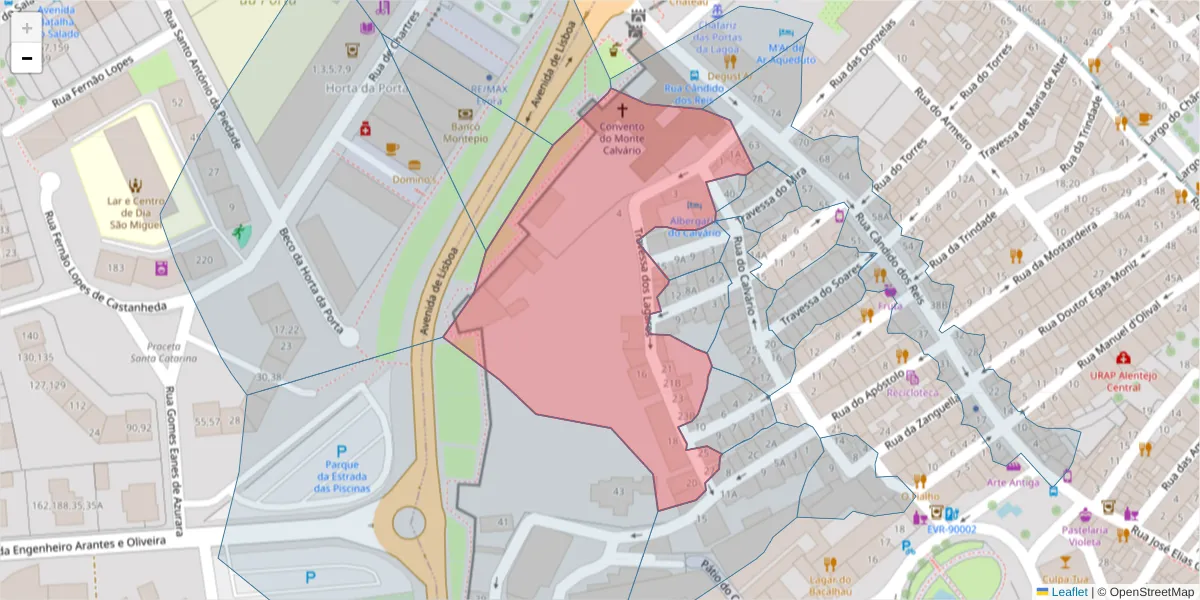 Mapa detalhado do código postal 7000-565 com limites, códigos postais vizinhos e agências dos correios