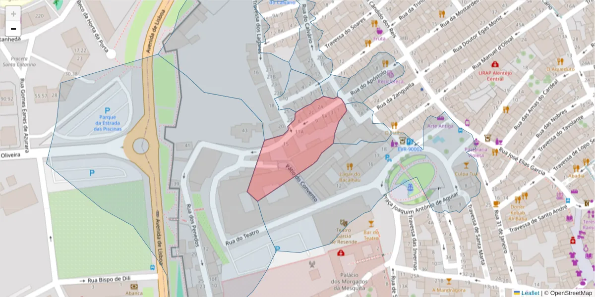 Mapa detalhado do código postal 7000-566 com limites, códigos postais vizinhos e agências dos correios