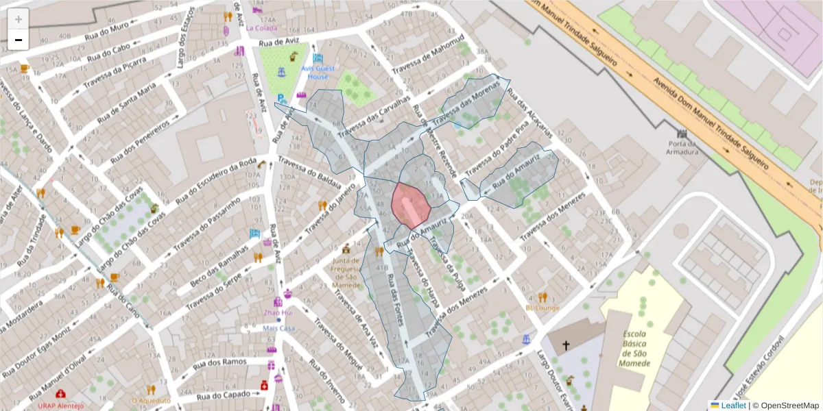 Mapa detalhado do código postal 7000-568 com limites, códigos postais vizinhos e agências dos correios