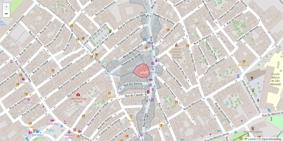Mapa detalhado do código postal 7000-569 com limites, códigos postais vizinhos e agências dos correios