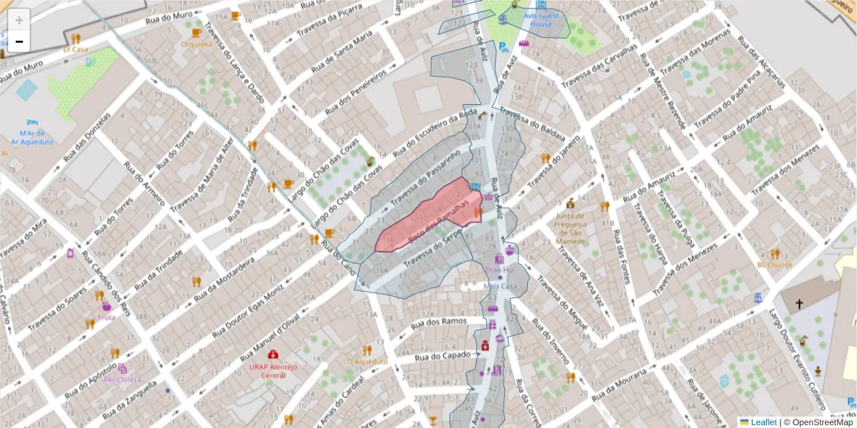 Mapa detalhado do código postal 7000-570 com limites, códigos postais vizinhos e agências dos correios