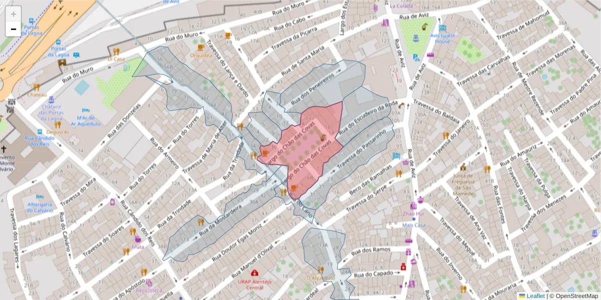 Mapa detalhado do código postal 7000-573 com limites, códigos postais vizinhos e agências dos correios