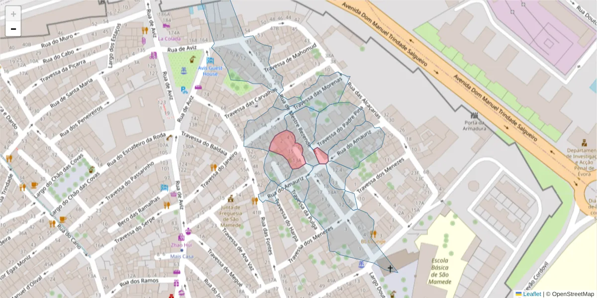 Mapa detalhado do código postal 7000-575 com limites, códigos postais vizinhos e agências dos correios