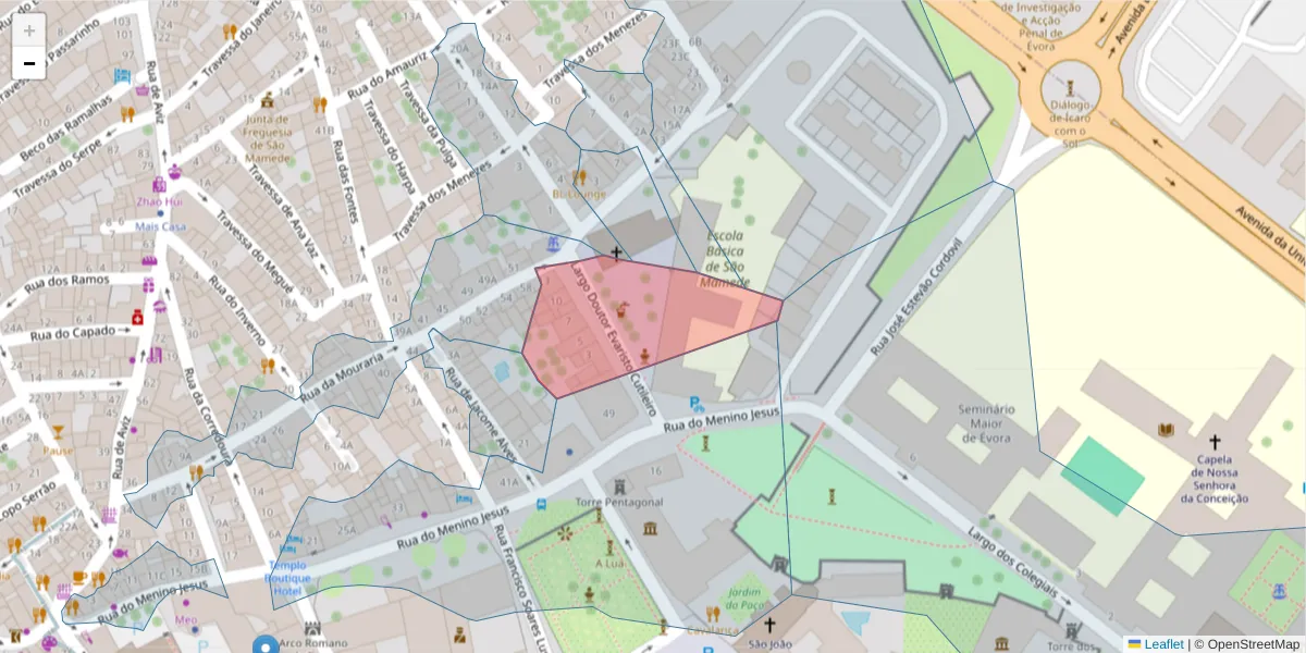 Mapa detalhado do código postal 7000-577 com limites, códigos postais vizinhos e agências dos correios