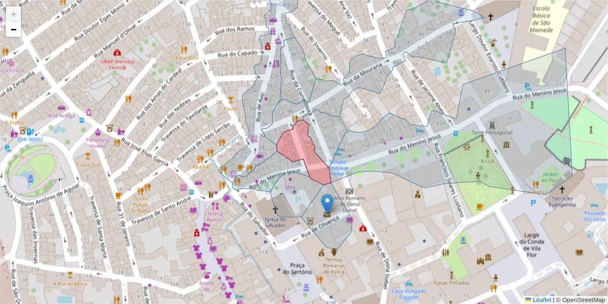 Mapa detalhado do código postal 7000-579 com limites, códigos postais vizinhos e agências dos correios