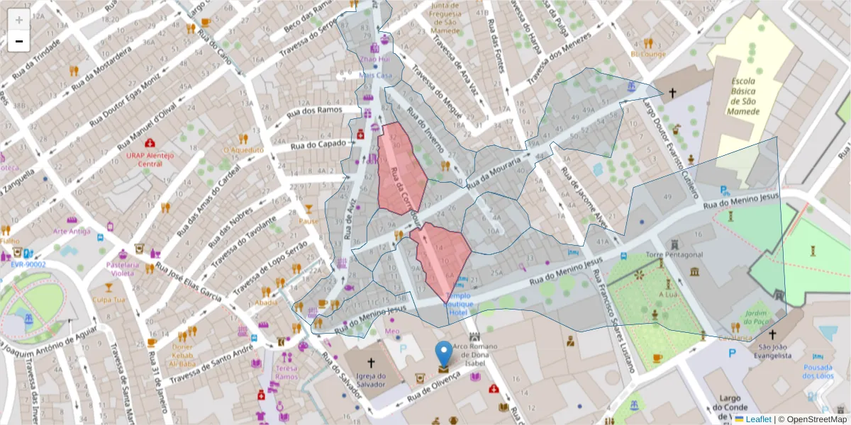 Mapa detalhado do código postal 7000-583 com limites, códigos postais vizinhos e agências dos correios