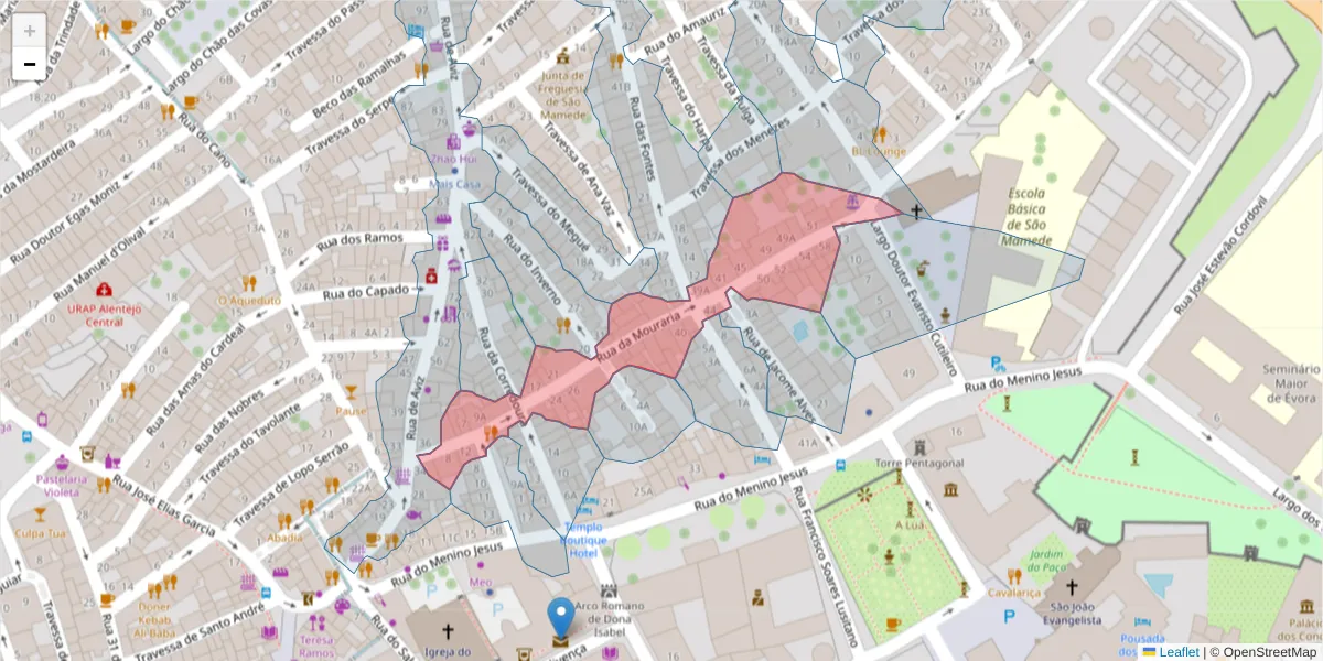 Mapa detalhado do código postal 7000-585 com limites, códigos postais vizinhos e agências dos correios