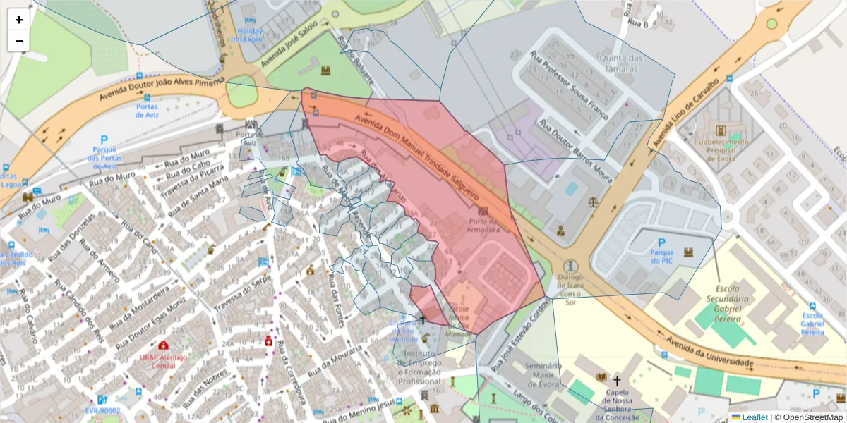 Mapa detalhado do código postal 7000-587 com limites, códigos postais vizinhos e agências dos correios