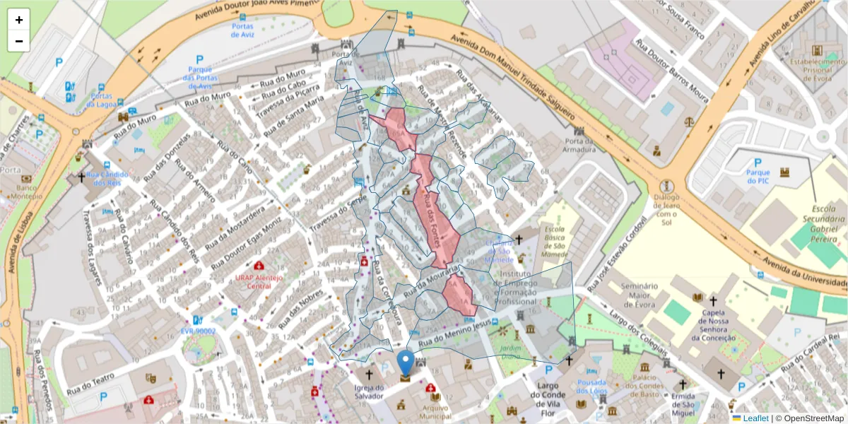 Mapa detalhado do código postal 7000-589 com limites, códigos postais vizinhos e agências dos correios